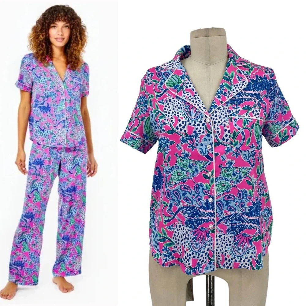 Lilly Pulitzer PJ Woven Short Sleeve Top Plumeria Pink Untamed Hearts Print‎ XXS